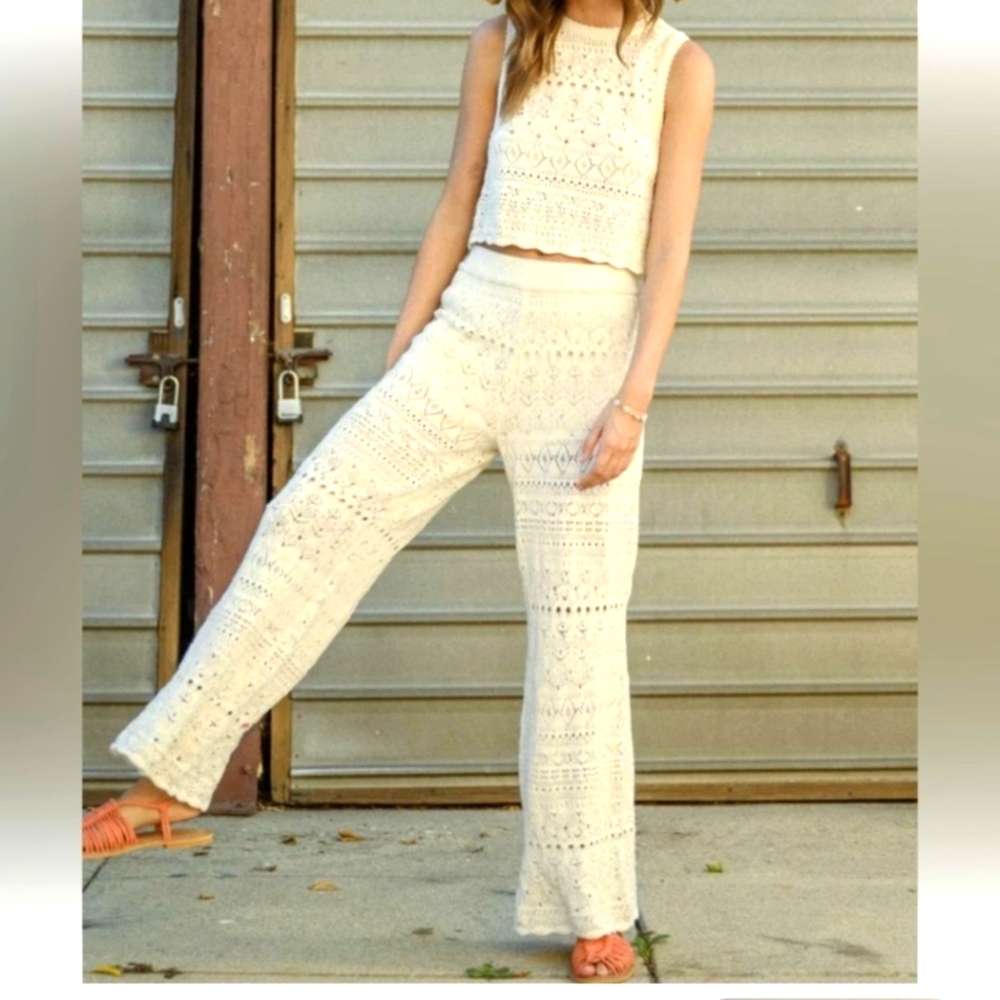 House of Harlow Crochet Cream Summer Pant Suit